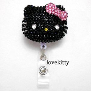 Black Pink Hello Kitty Inspired Blinged Rhinestone Retractable ID Badge Reel Ho…